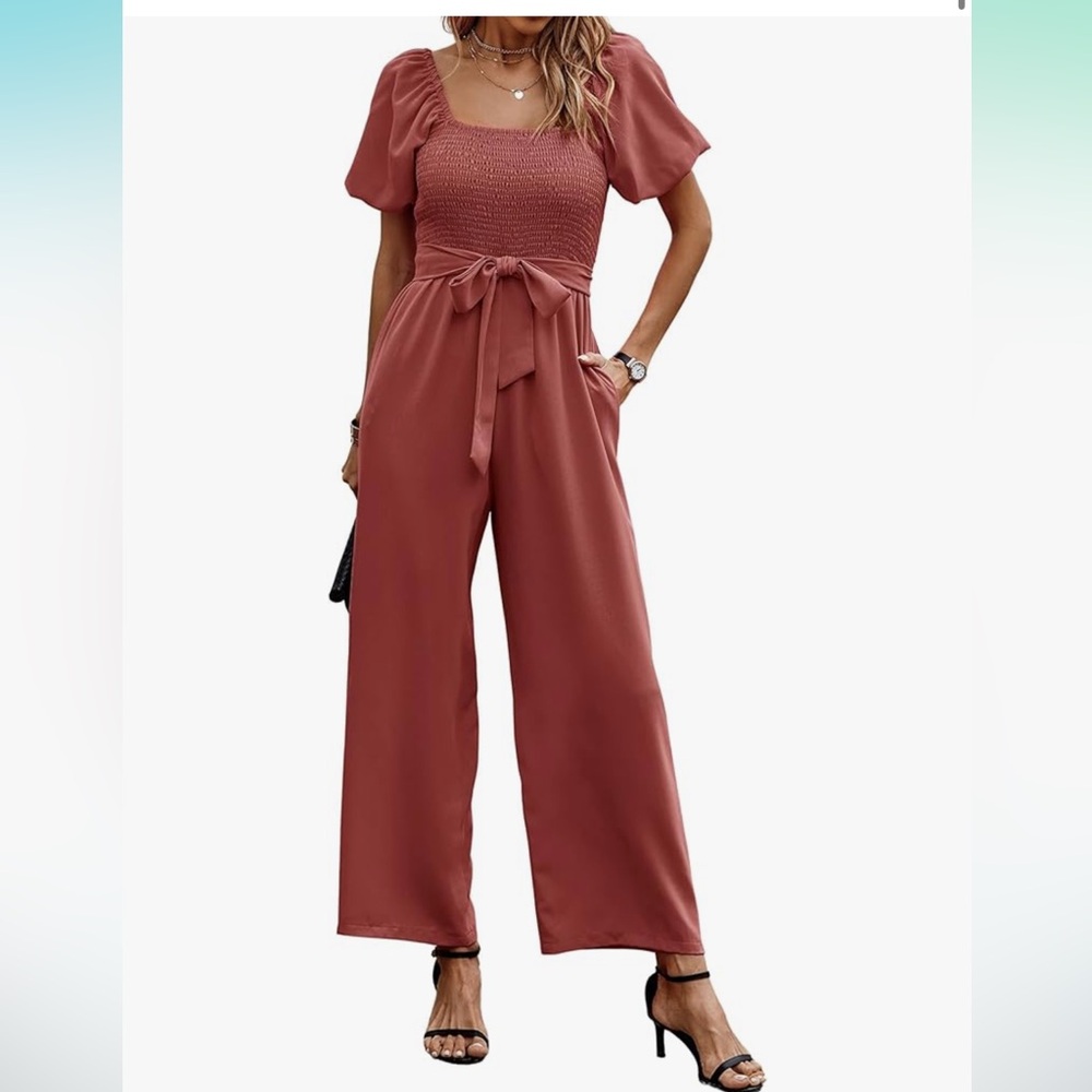 Puff Short Sleeve, Smocked Waist, Wide Leg Romper w/Belt Pockets